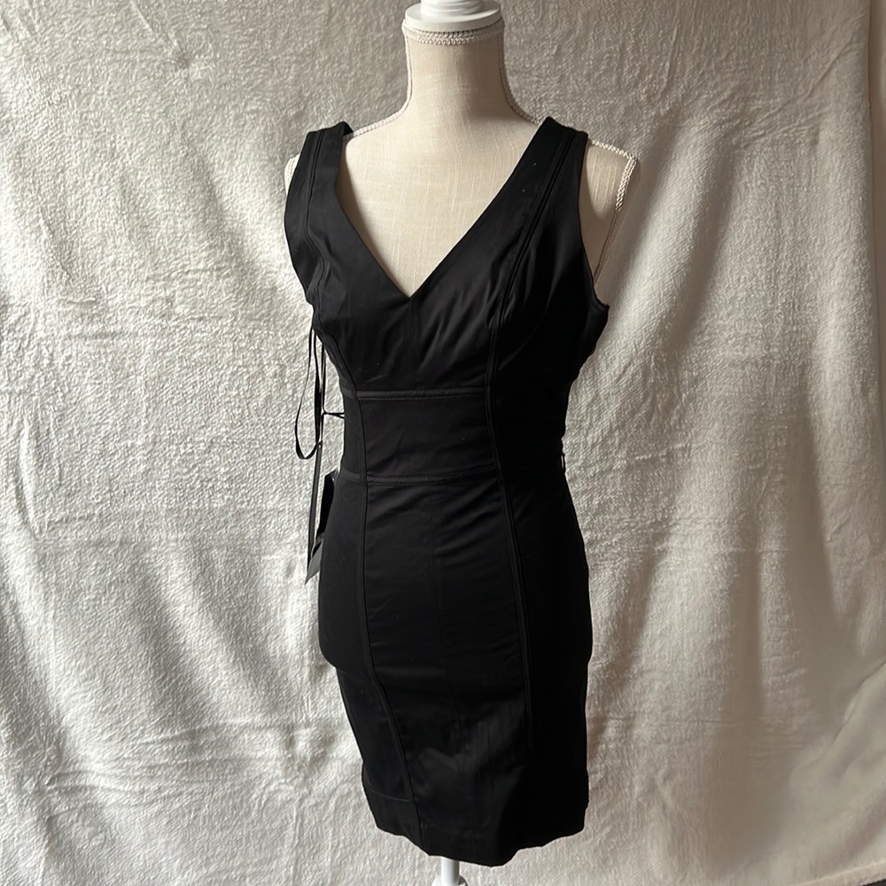 Bebe Urban Jungle Viola Seam Lace Up Dress Deep V Neck Black Sexy Zip Up NWT